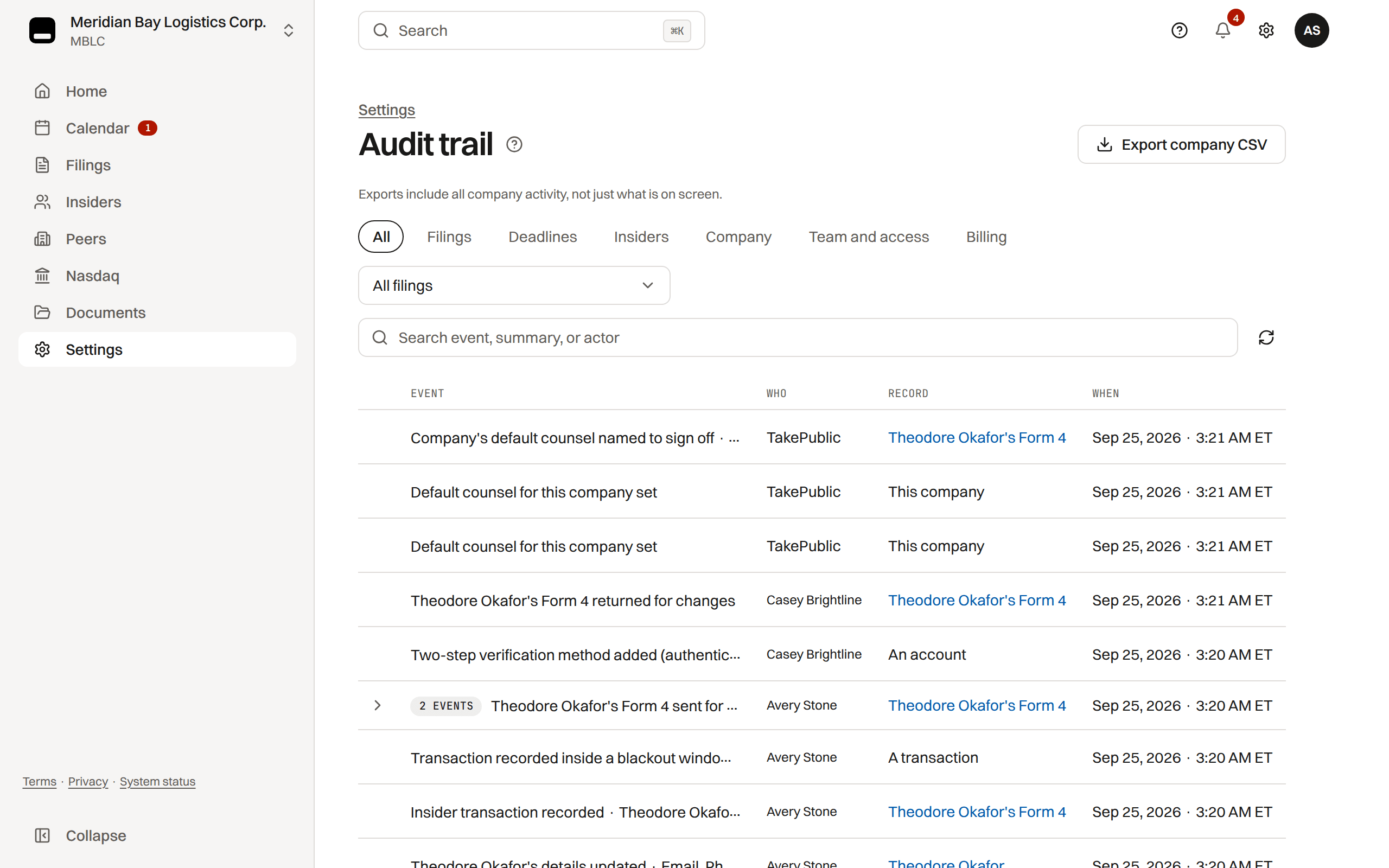 The audit trail listing each event with who did it, the record it touched and the time in ET, with the record pills and the filing filter above