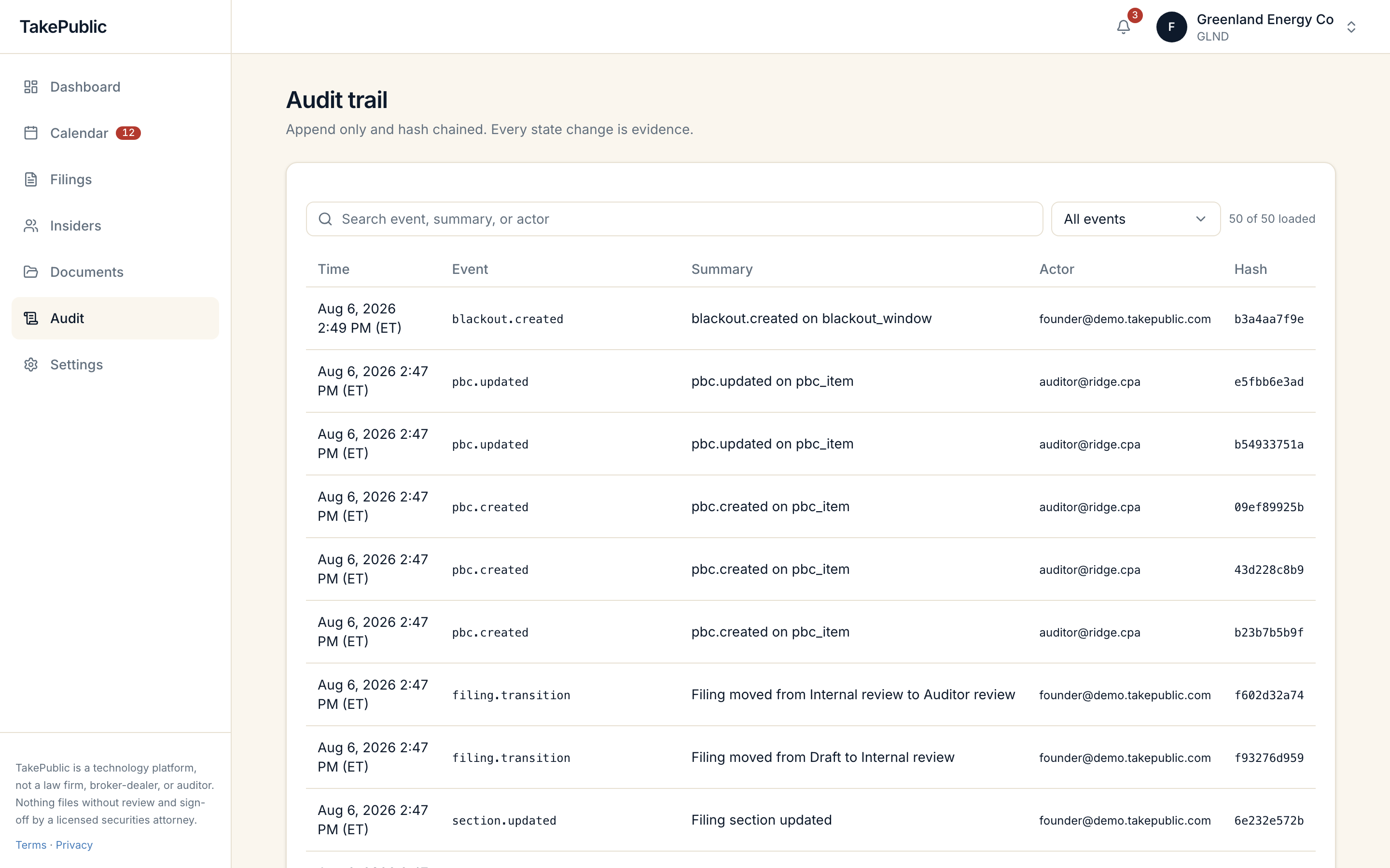 The audit trail screen listing timestamped events with actor and hash columns, described as append only and hash chained