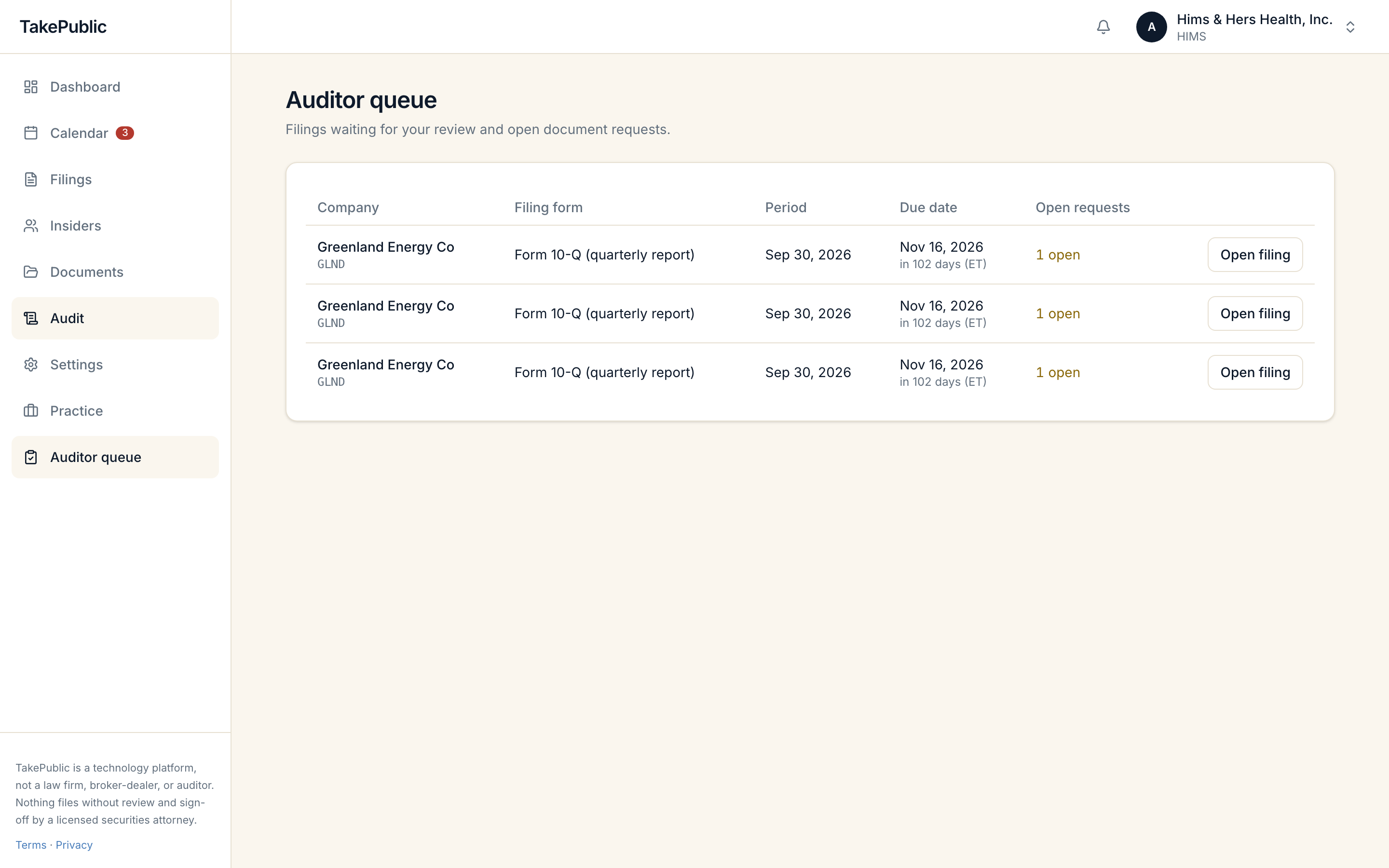 The auditor queue listing filings waiting for review with open document request counts per filing