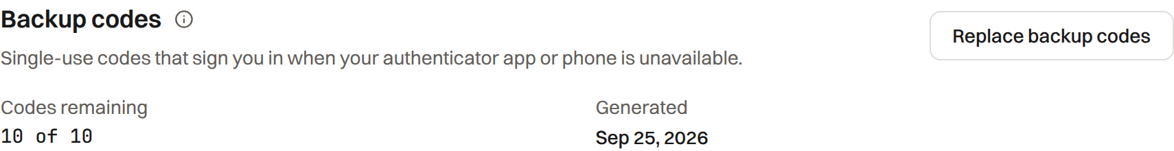 The Backup codes block in Security settings showing 10 of 10 codes remaining, the date the set was generated, and a Replace backup codes button