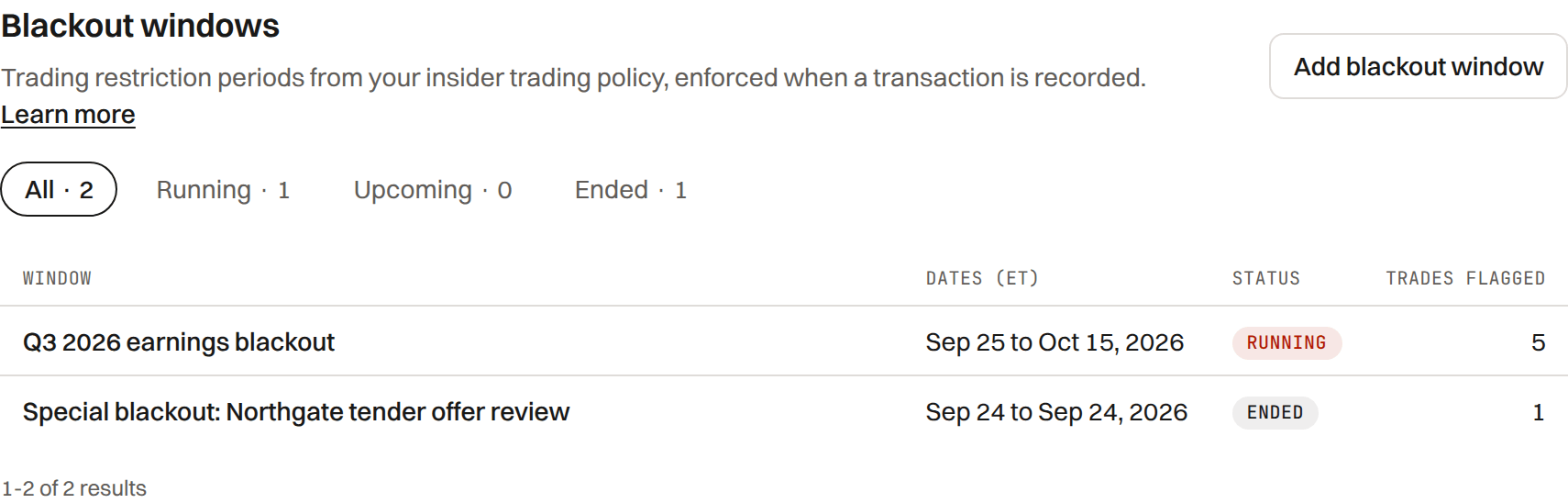 The blackout windows card with the Q3 2026 earnings blackout running from September 25 to October 15, 2026 Eastern Time, an ended special blackout, and the trades flagged in each