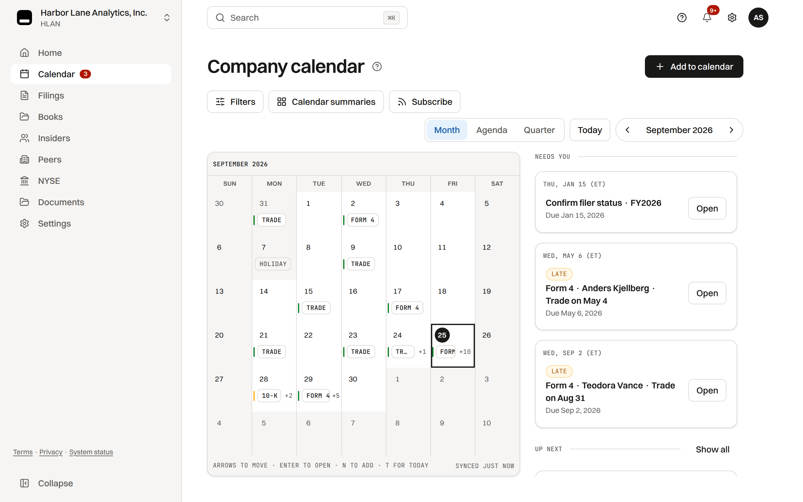 The Company calendar with late deadlines under Needs you and the rest under Up next