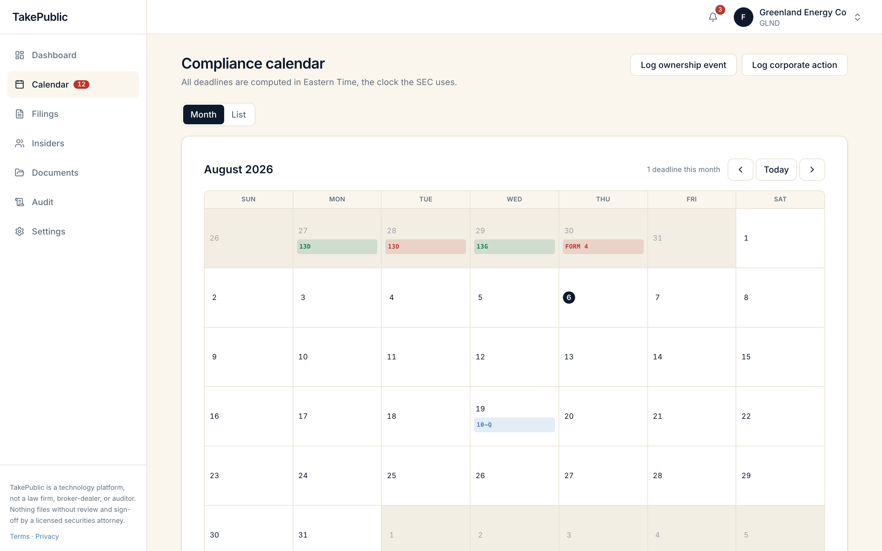 The compliance calendar showing deadline chips that open a detail panel with actions