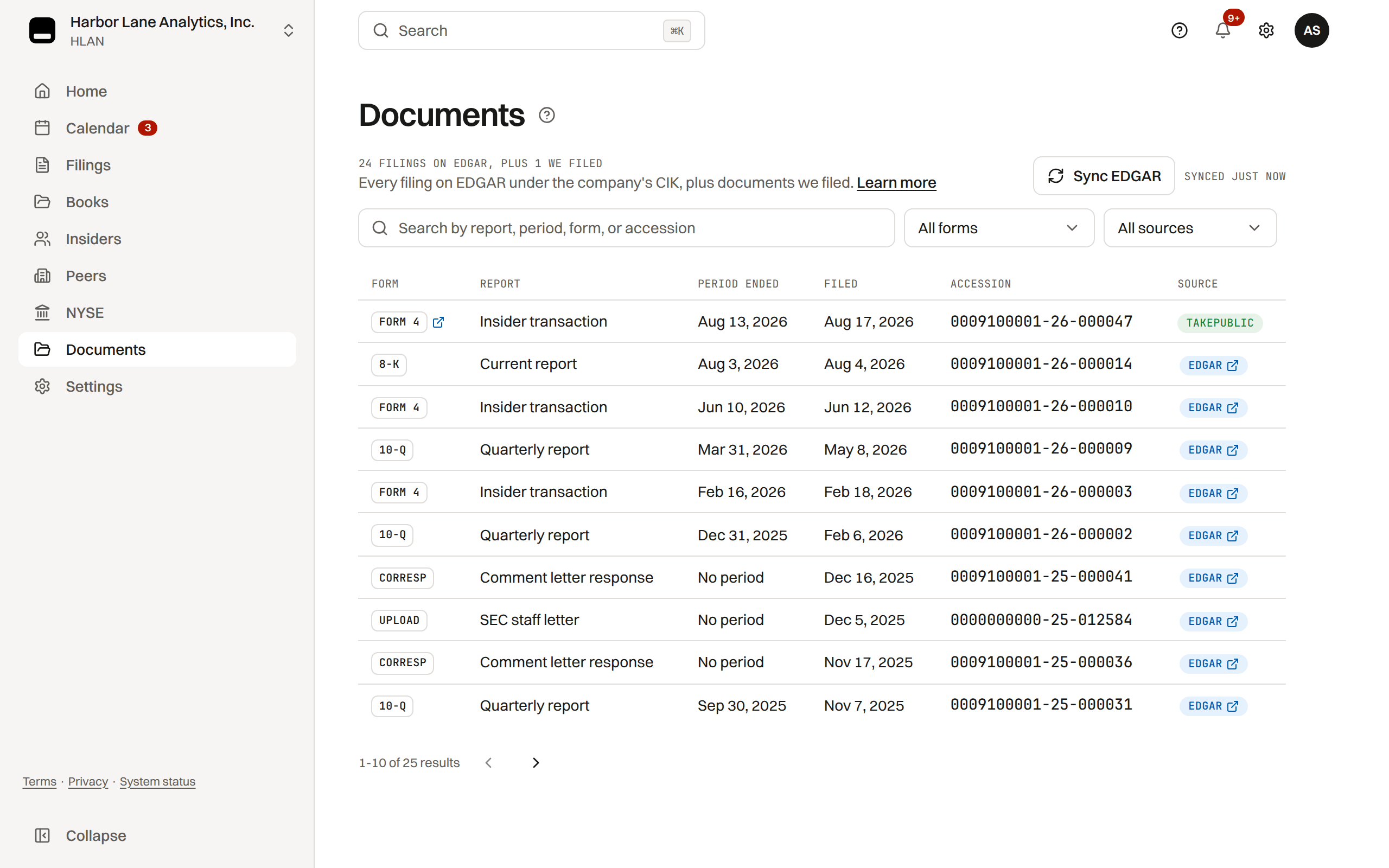The Documents screen listing every filing on EDGAR under the company's CIK and the documents TakePublic filed, each with its form, report, period, filed date, accession number and source