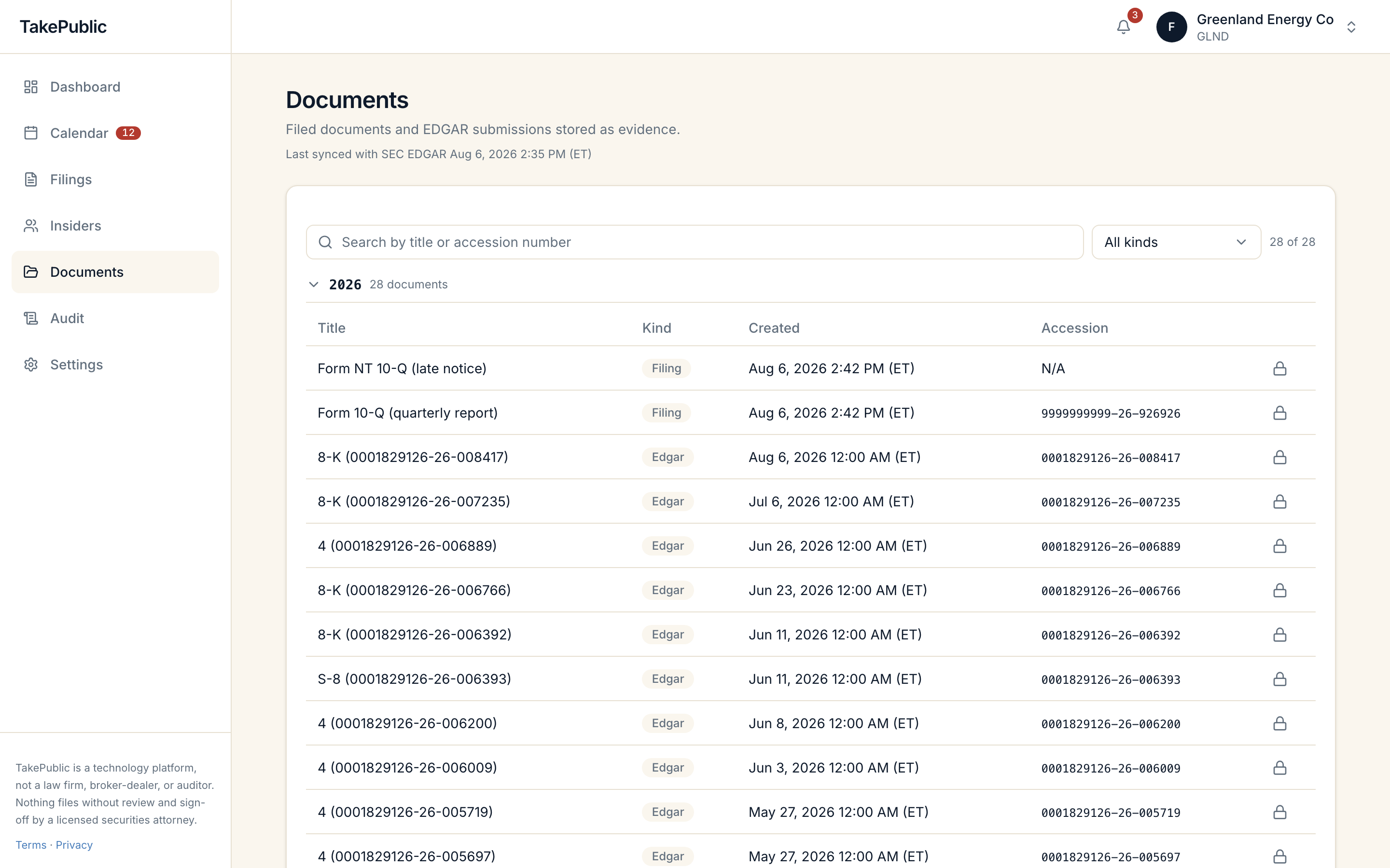 The documents screen listing filed documents and EDGAR submissions with accession numbers and lock icons