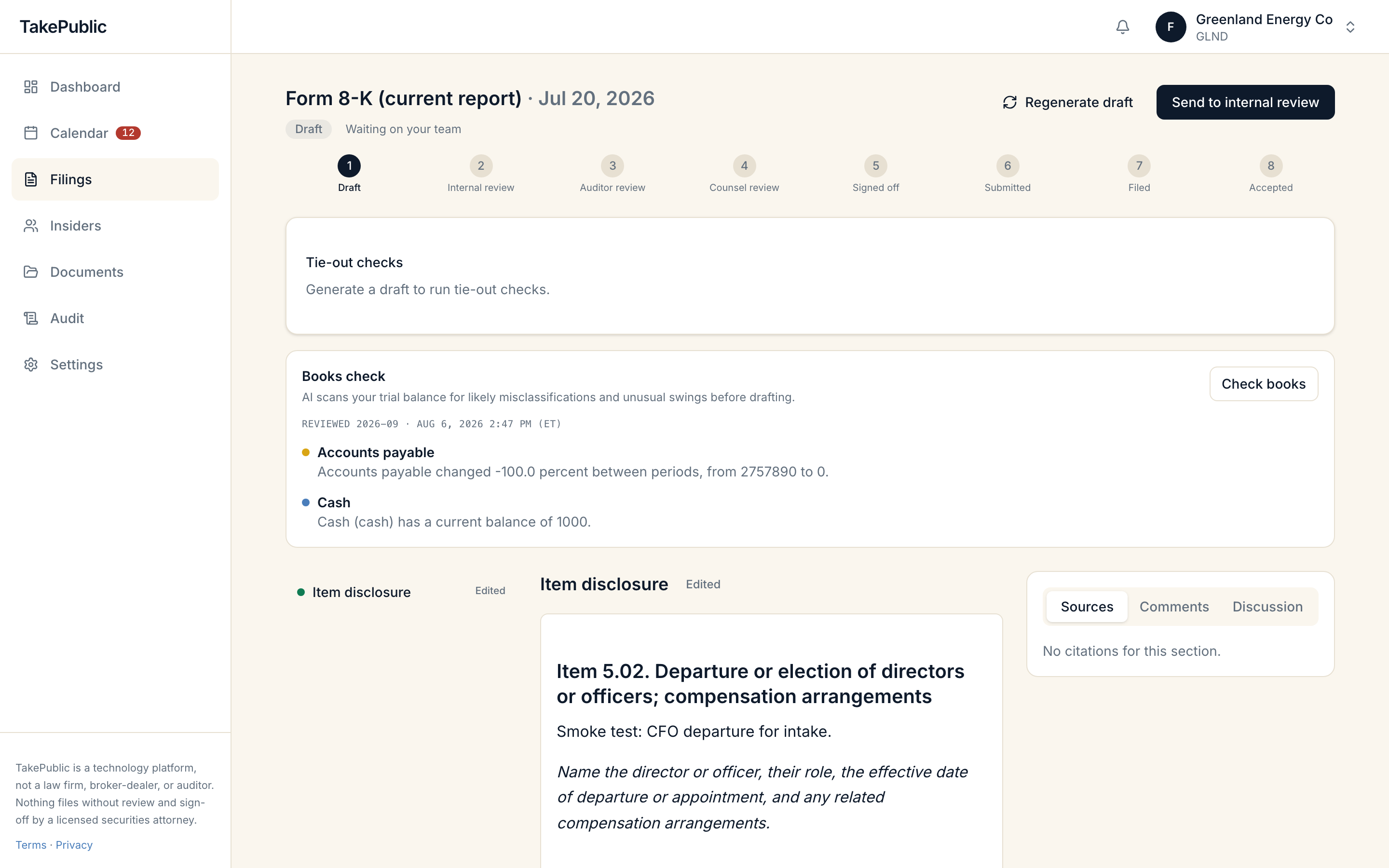 A Form 8-K draft workspace showing item disclosures for departure of officers and other events
