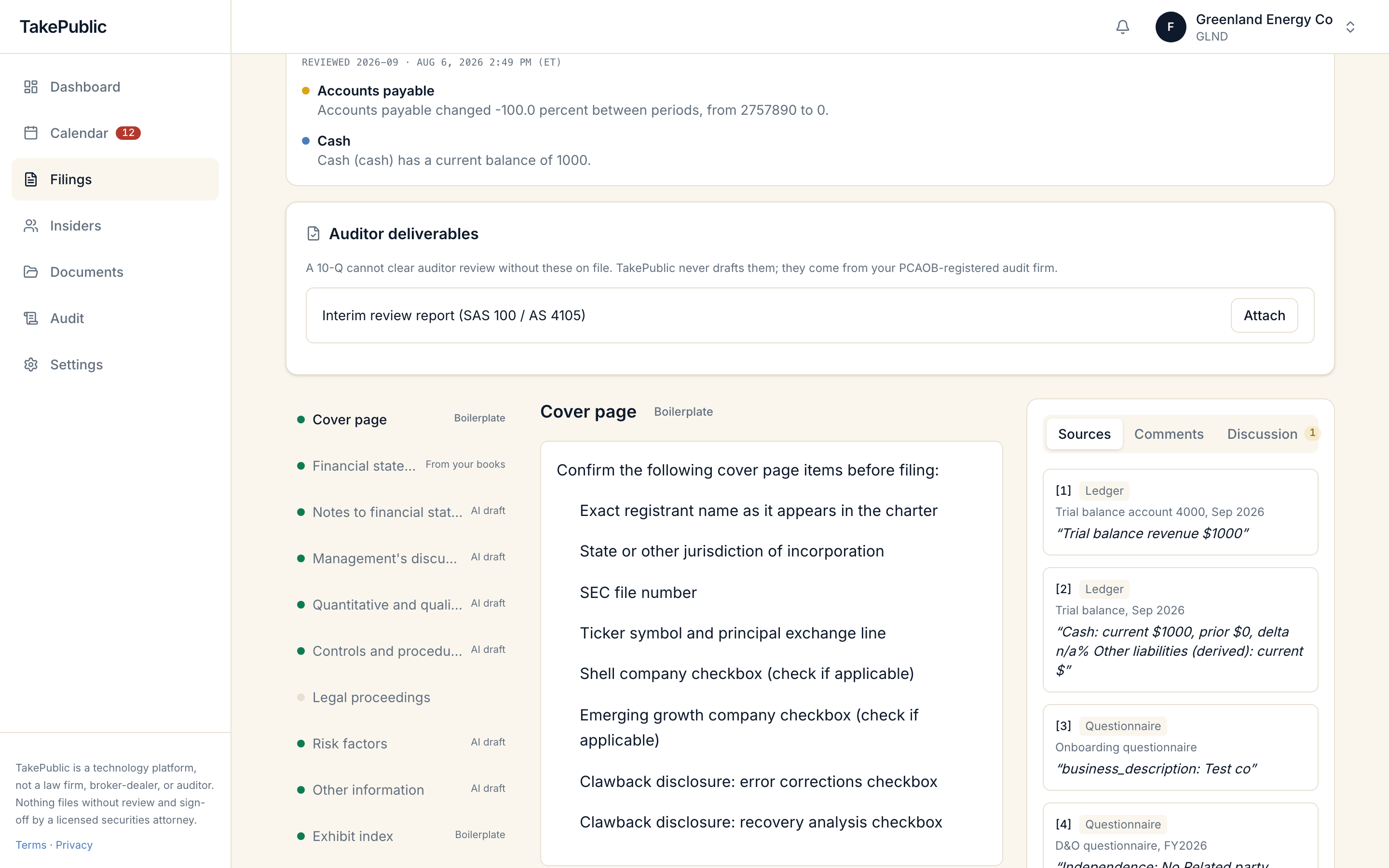 A generated 10-Q draft with the section list, cover page content, and a sources panel citing ledger and questionnaire entries
