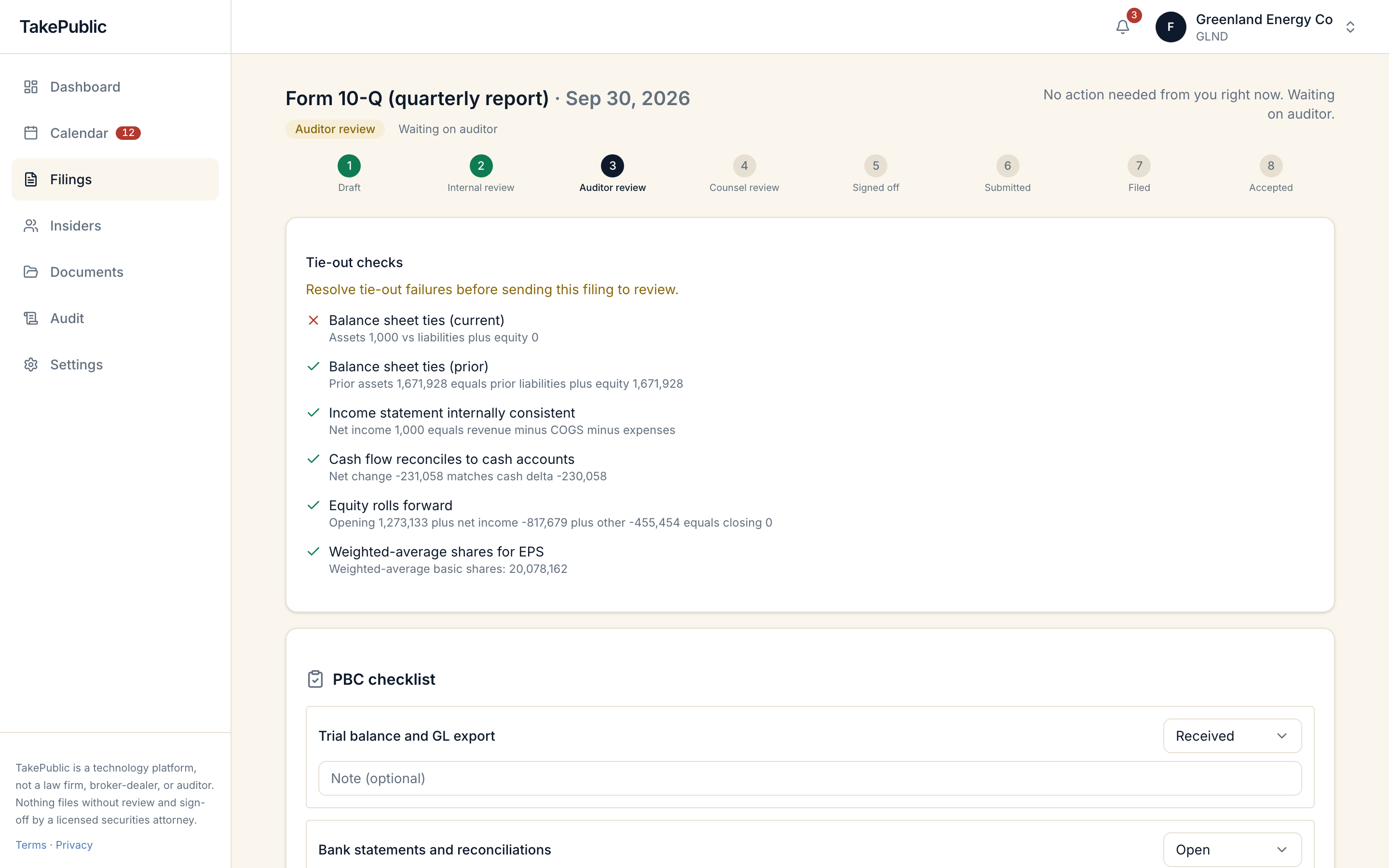 A Form 10-Q workspace in auditor review, with the eight-stage stepper showing draft and internal review complete