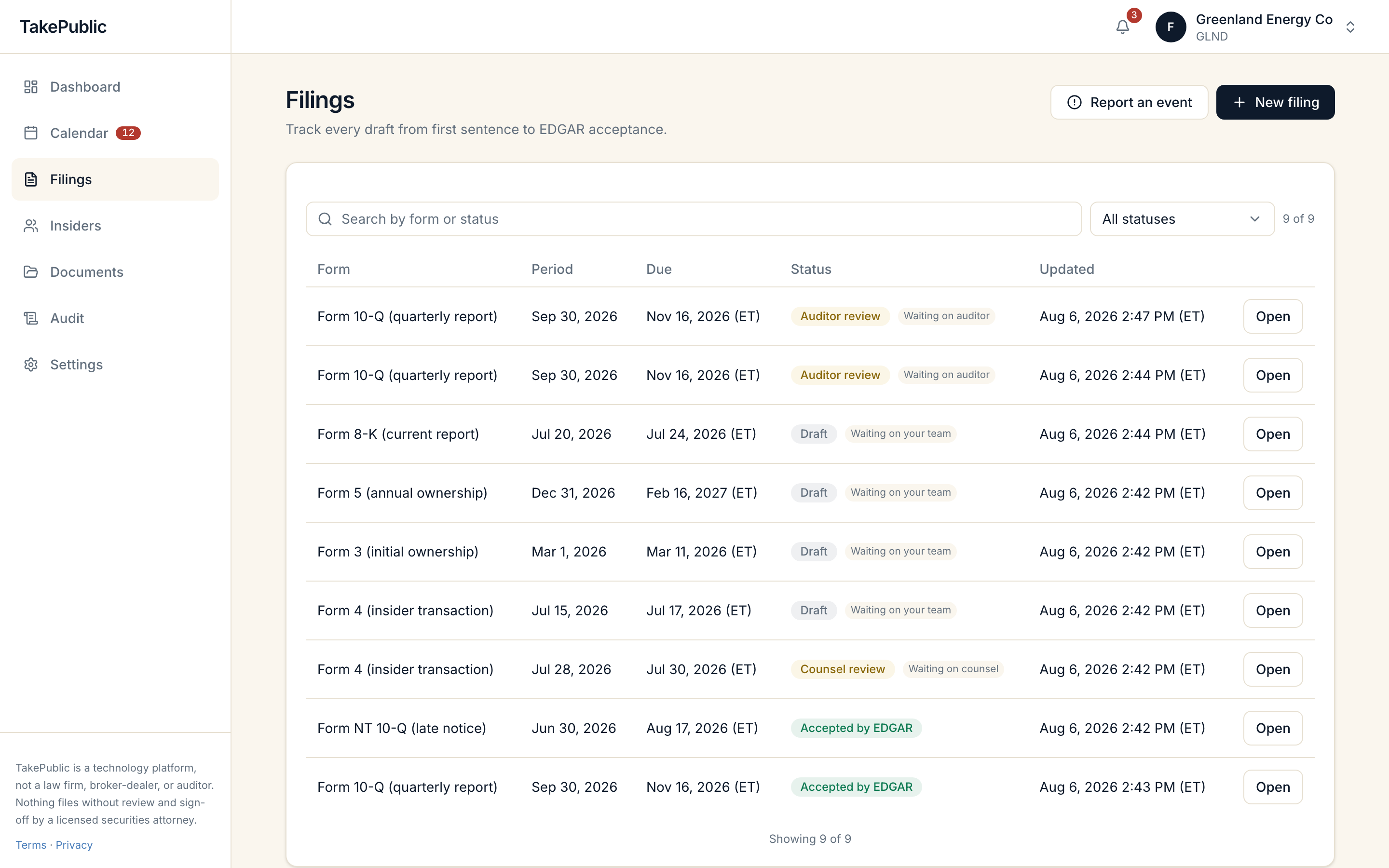 The filings list showing an NT 10-Q accepted by EDGAR alongside drafts and filings in review, with due dates in Eastern Time