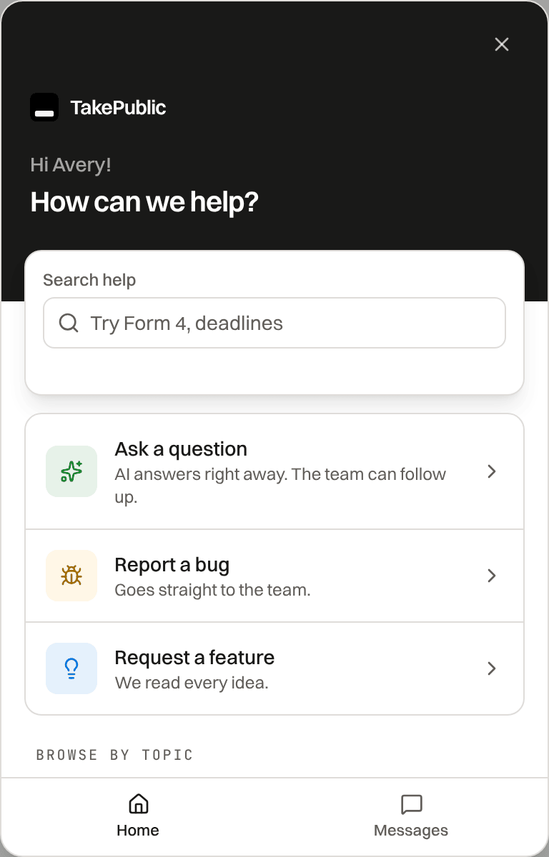 The in-app help widget with a help article search above the Ask a question, Report a bug and Request a feature shortcuts, and Home and Messages tabs at the foot