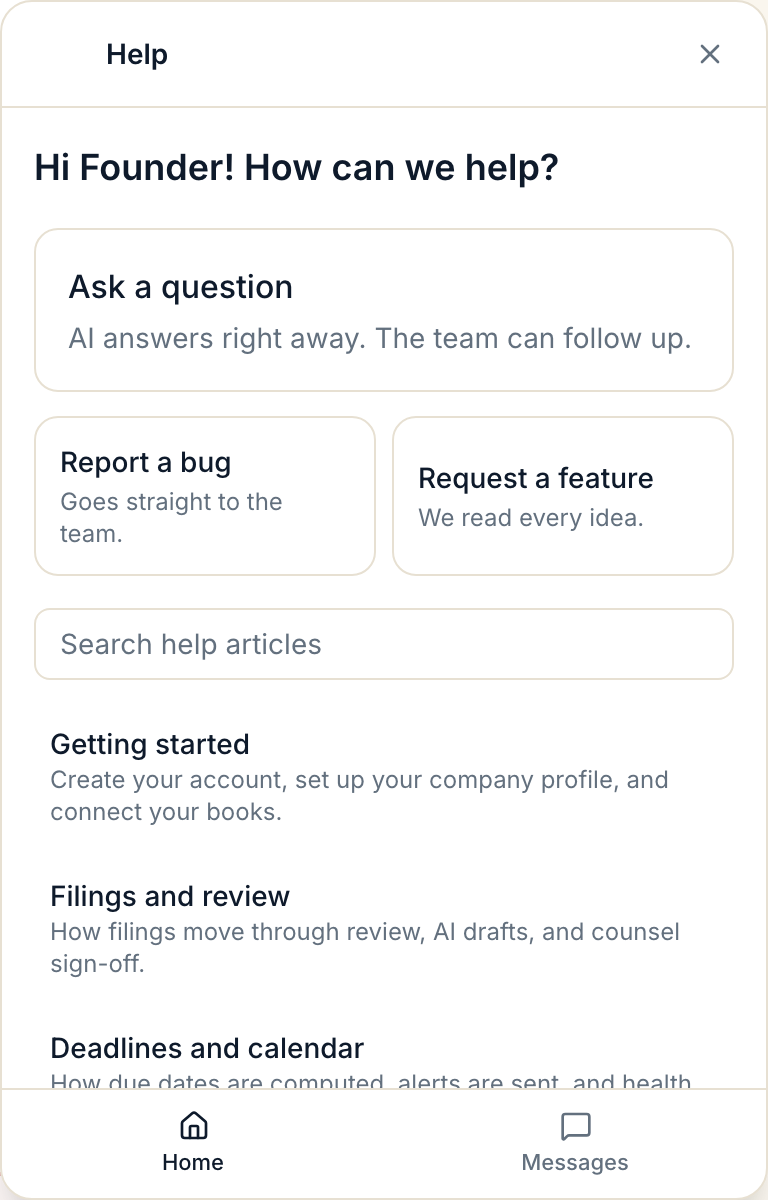 The in-app help widget with ask a question, report a bug, and request a feature shortcuts above a help article search