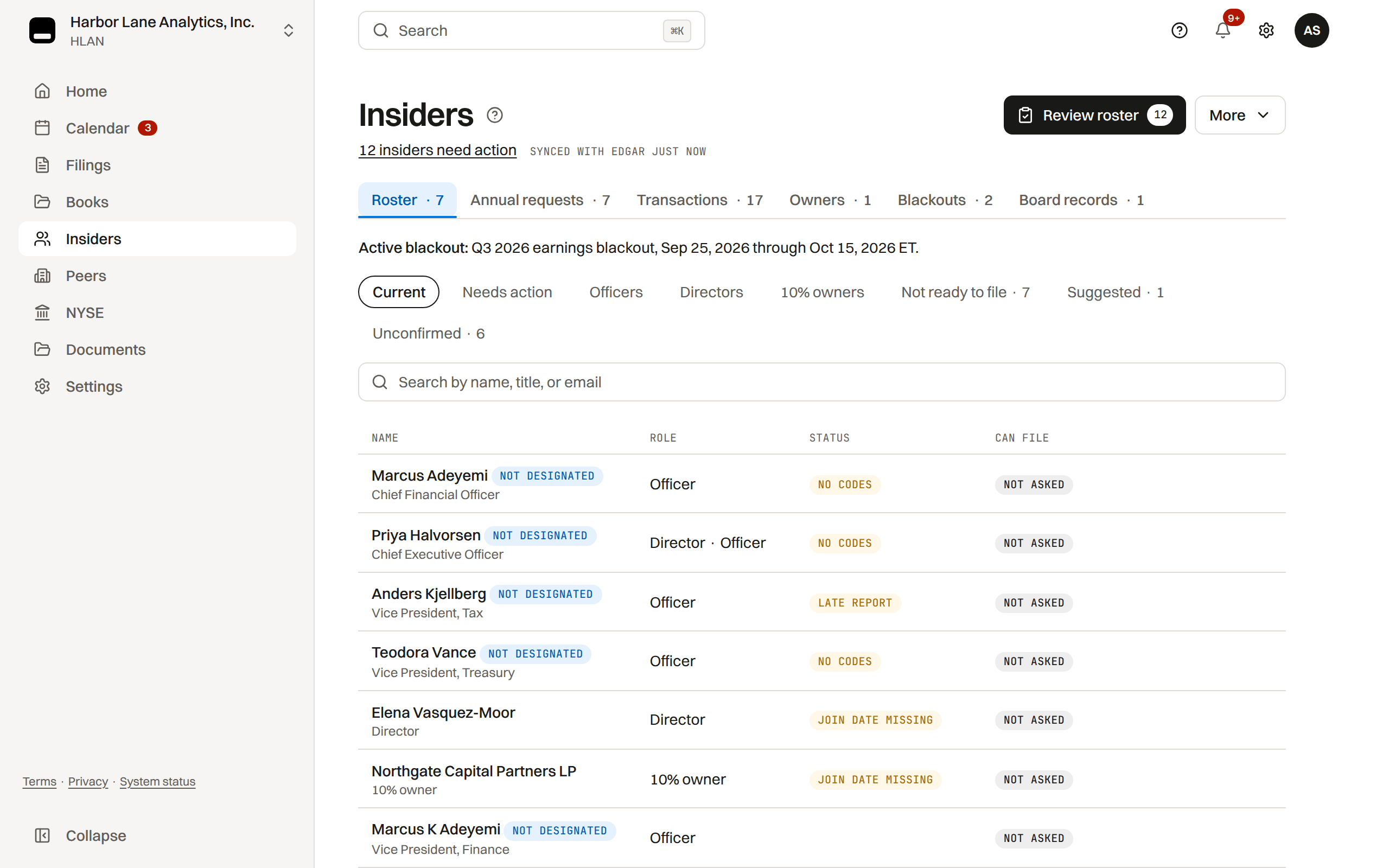 The Insiders roster for Harbor Lane Analytics, Inc. on its Roster tab: each person with their title, role, a Status chip naming what needs action (No codes, Late report, Join date missing) and the Can file badge, with Review roster and its count in the header