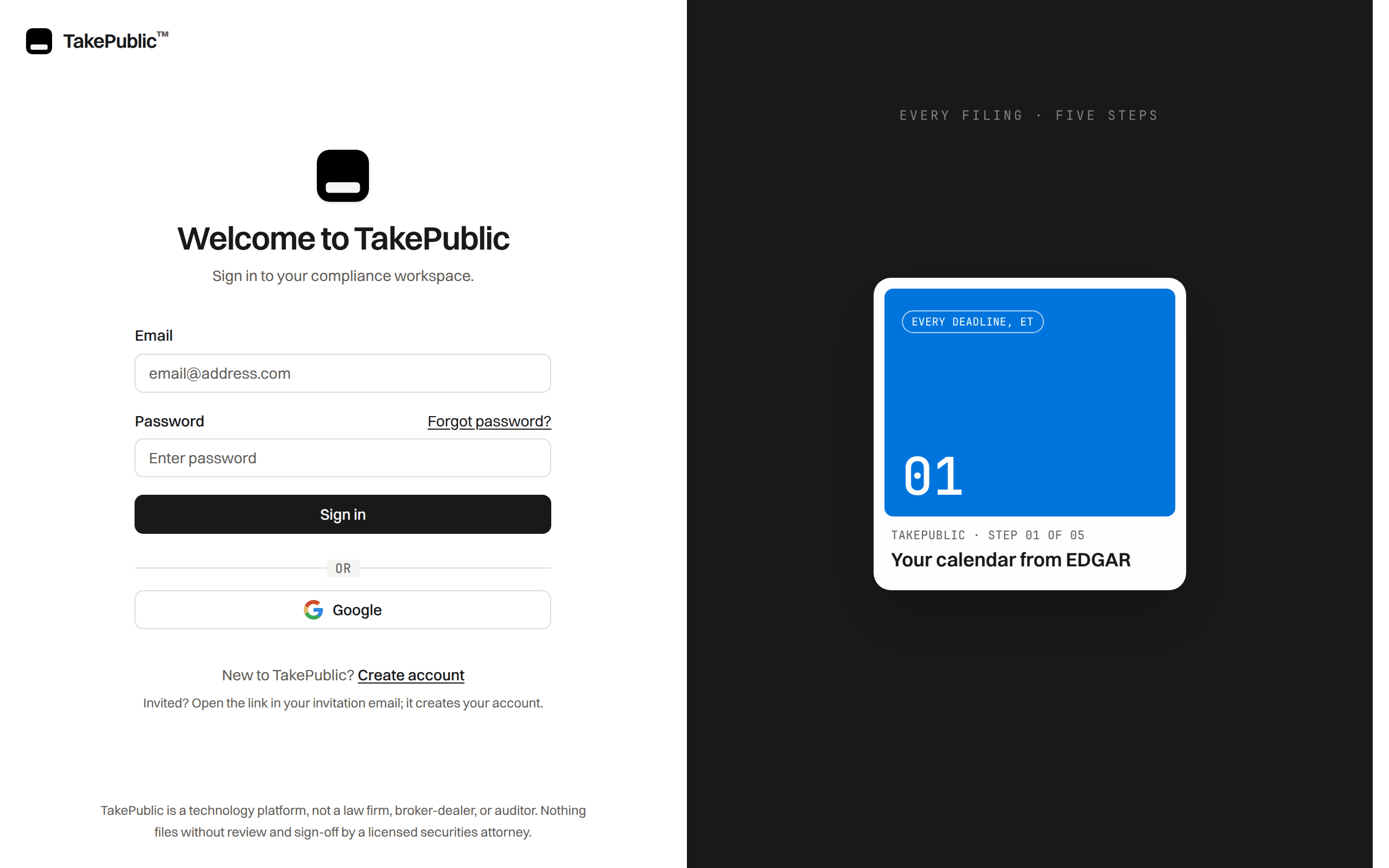 The TakePublic sign-in page with email and password fields, a Google option, and a Create account link