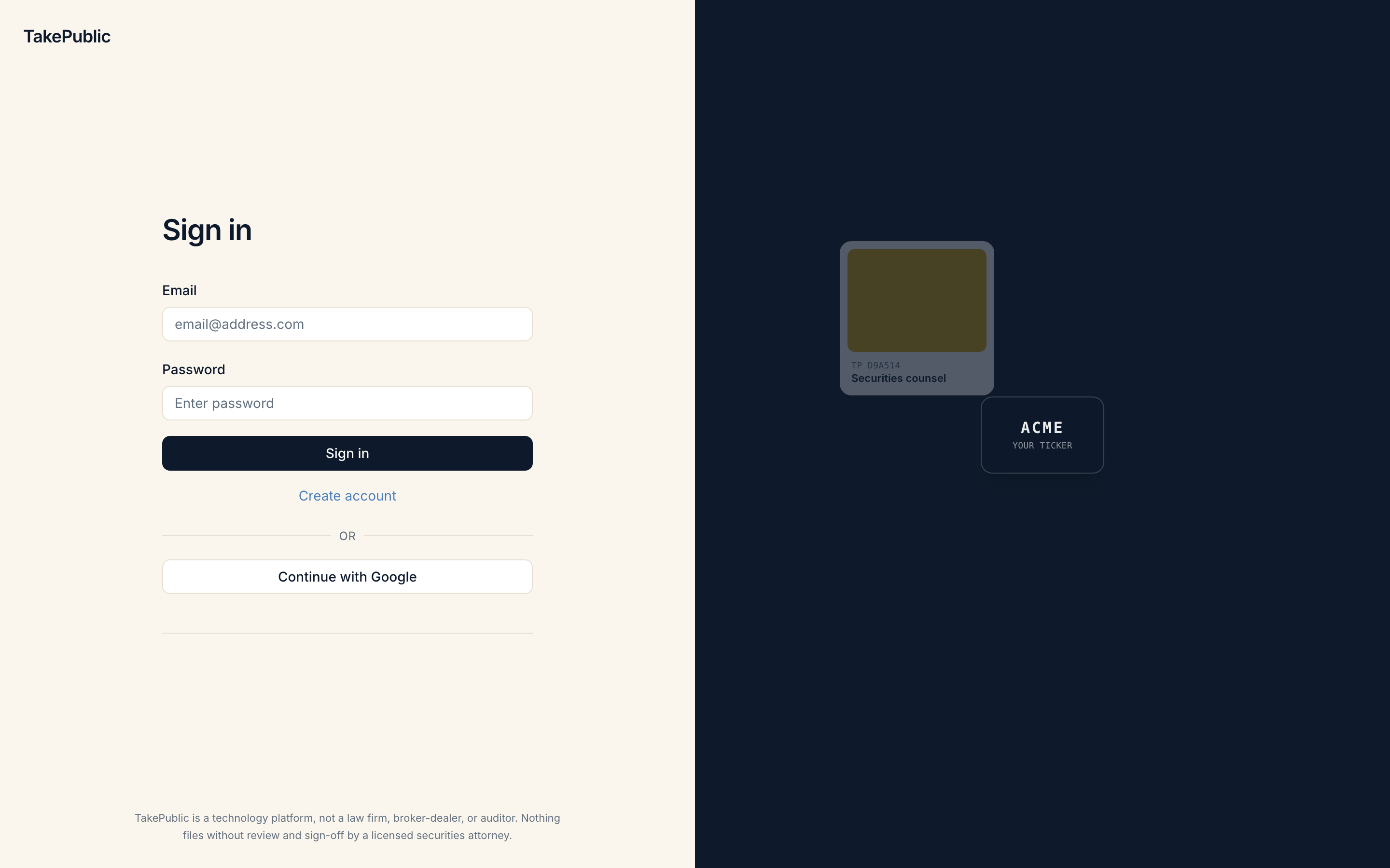 The TakePublic sign-in page with email and password fields, a create account link, and a continue with Google option