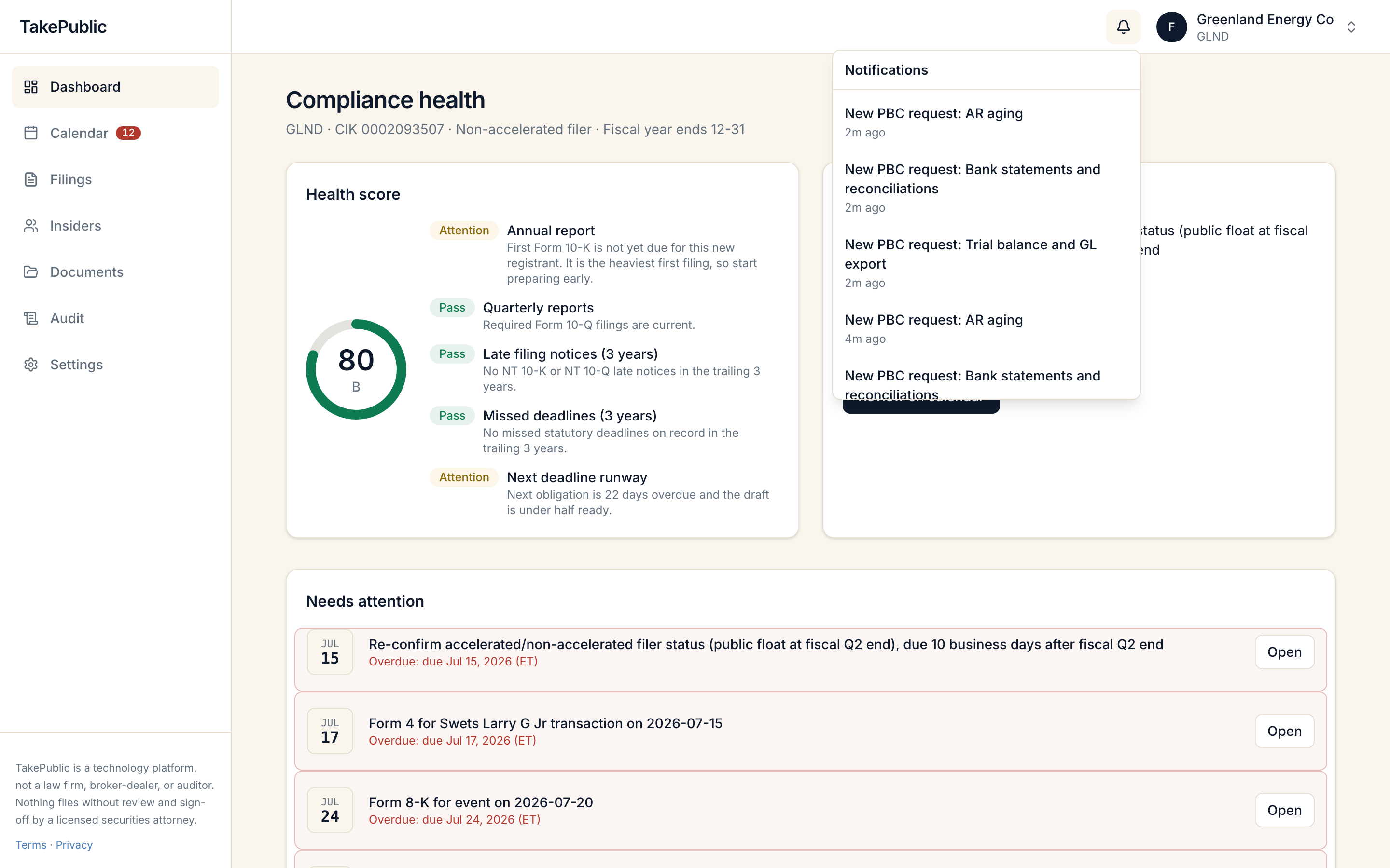 The notification bell open on the dashboard, listing filing status changes like signed off, filed, and accepted by EDGAR
