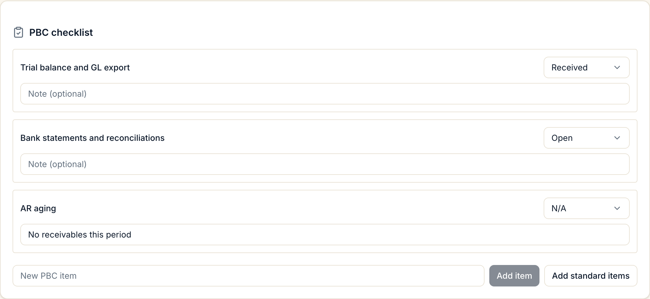 A PBC checklist with items for trial balance, bank statements, and AR aging in received, open, and not applicable states