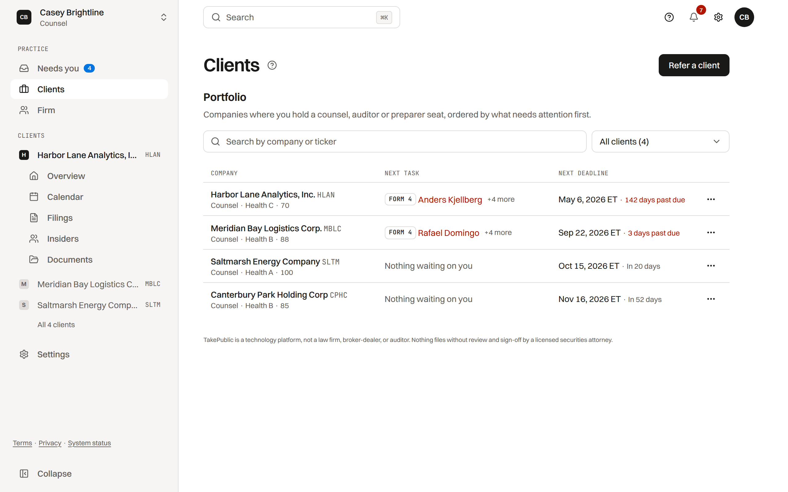 The Clients page on Practice with the portfolio listing each company's seat, health grade, next task and next deadline