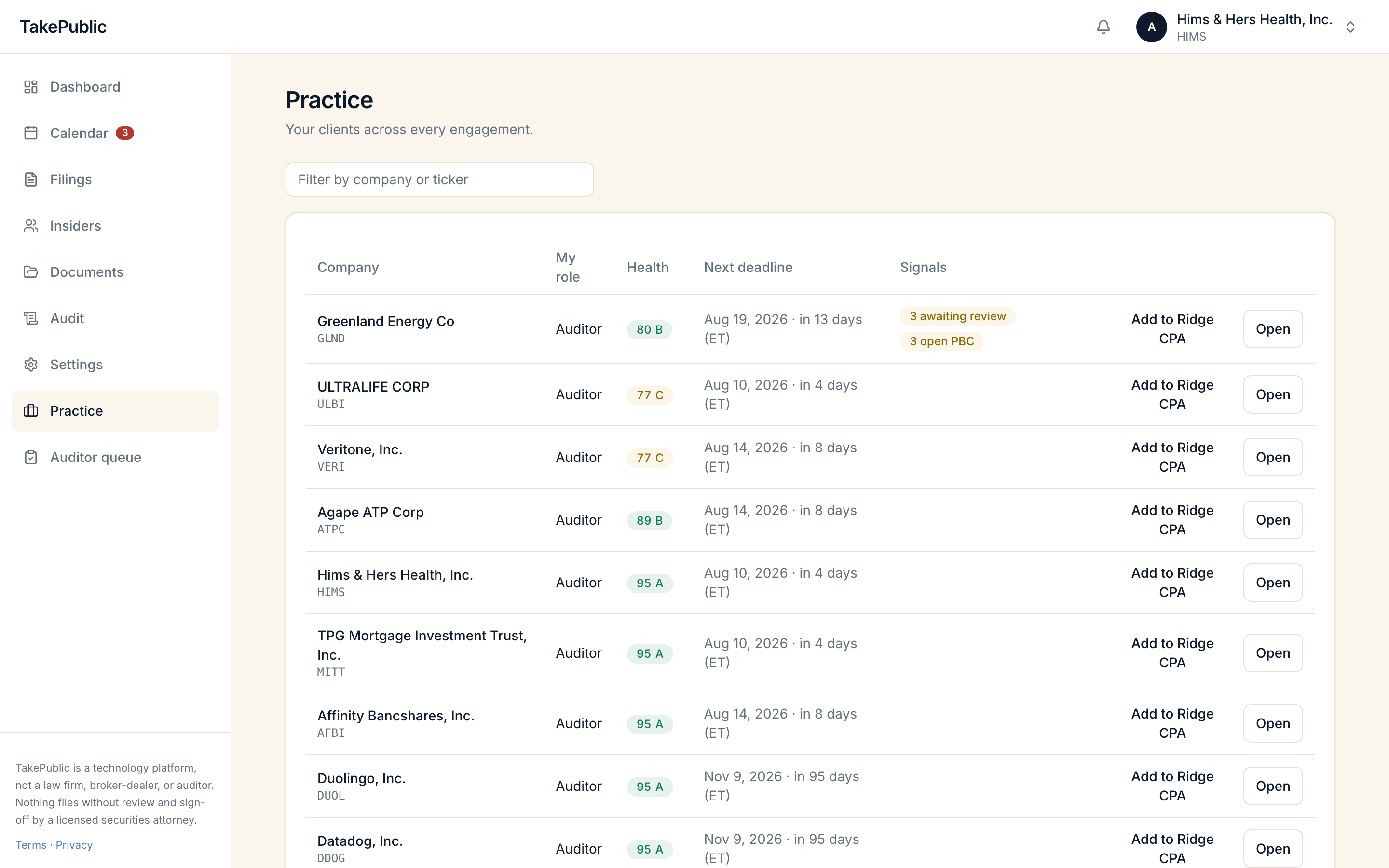 The Practice screen with a client portfolio table showing role, health grade, next deadline, and signals for each company