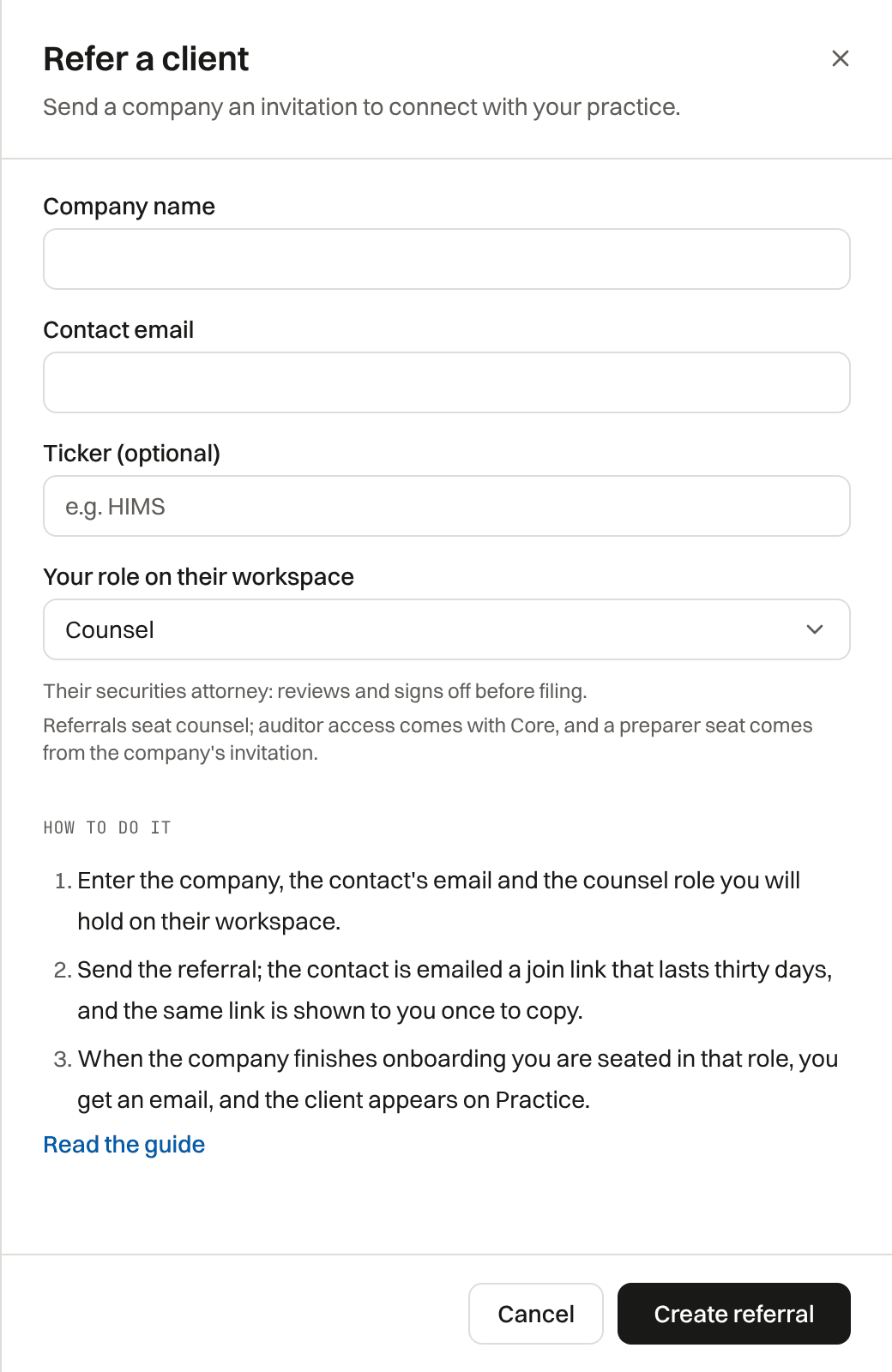 The refer a client sheet with company name, contact email, optional ticker, and your role on their workspace, set to Counsel