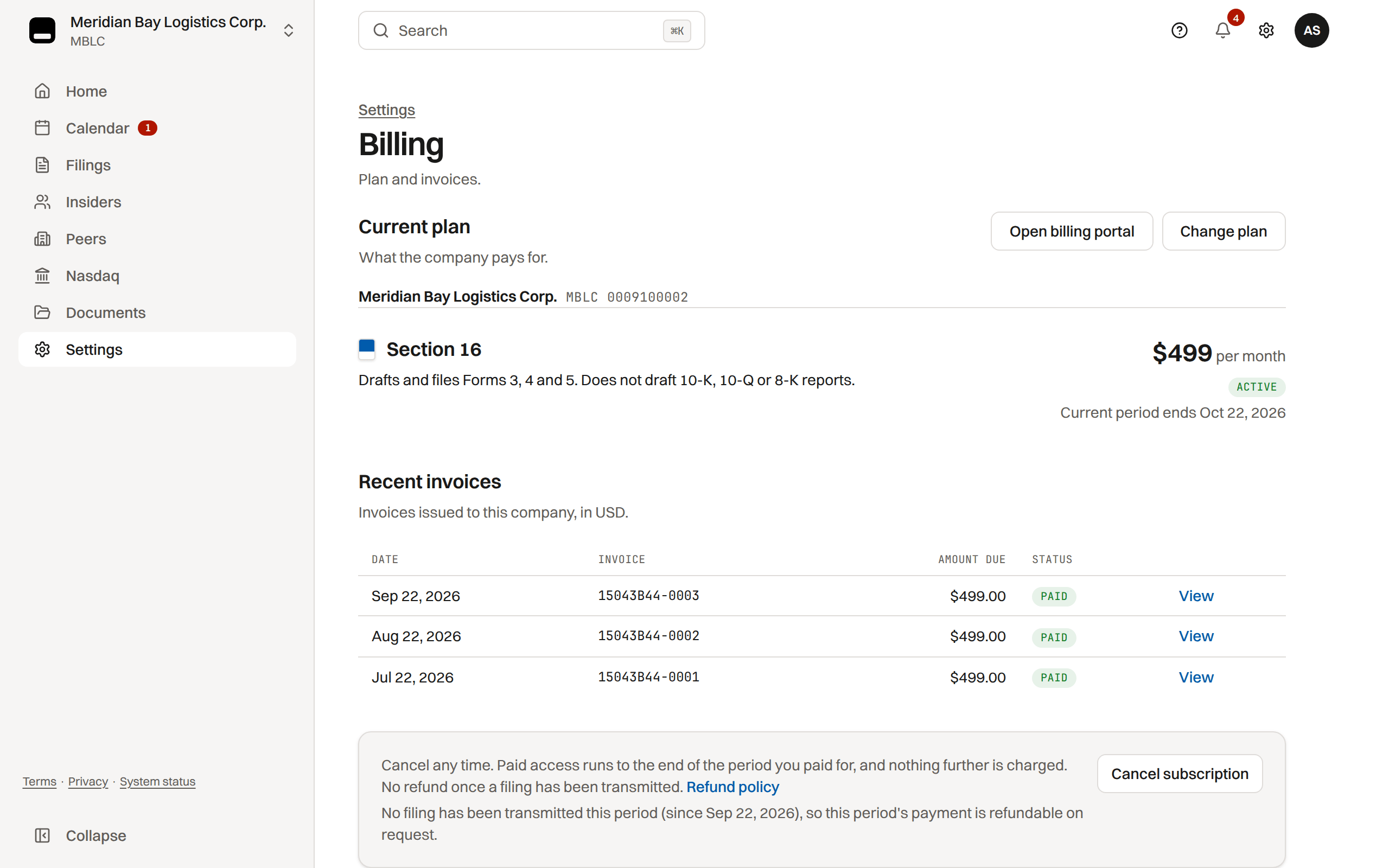 The billing page with the active Section 16 plan, what it covers and its monthly rate, and the recent invoices list
