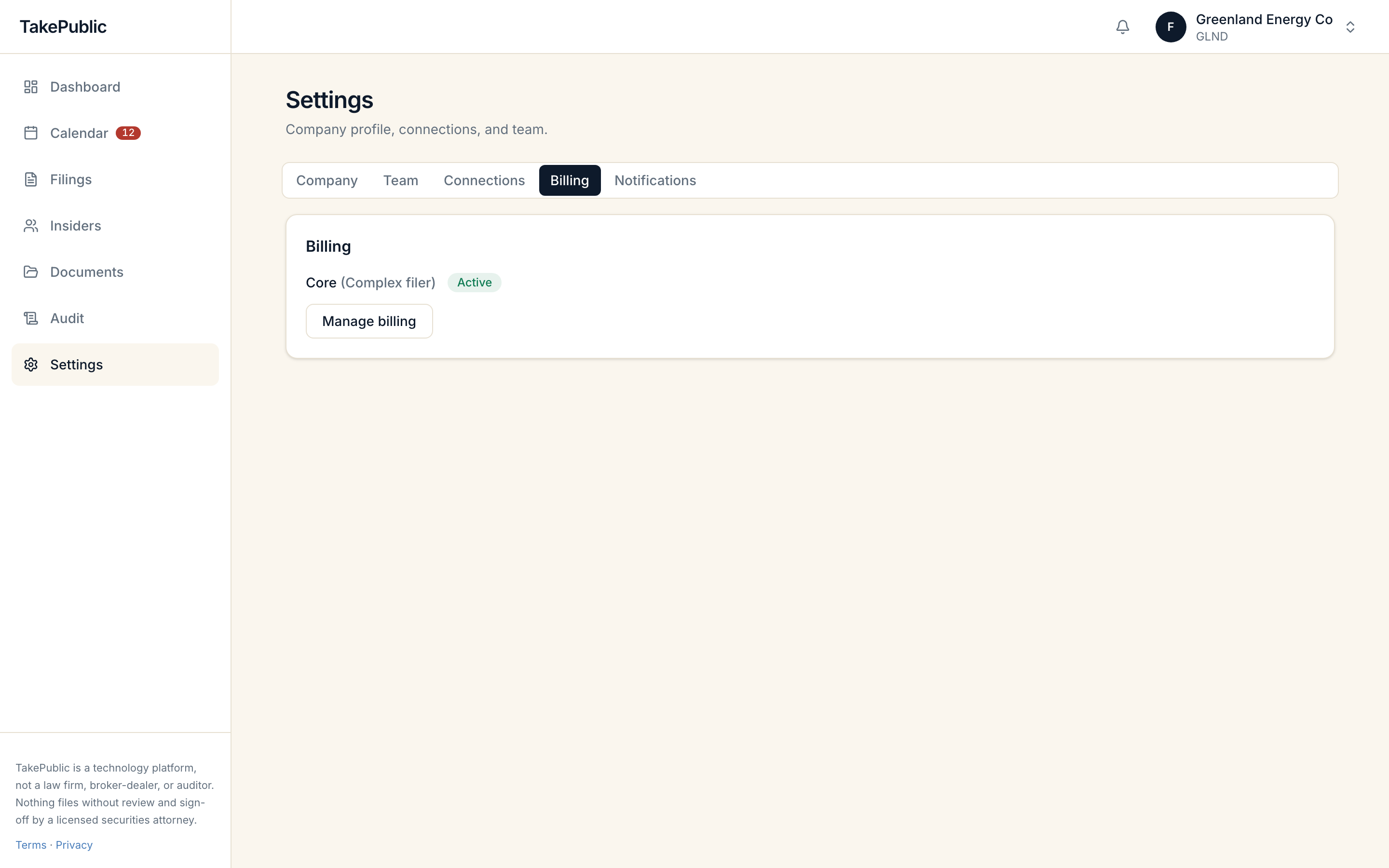 The billing tab with the active plan and the manage billing button that opens the payment portal