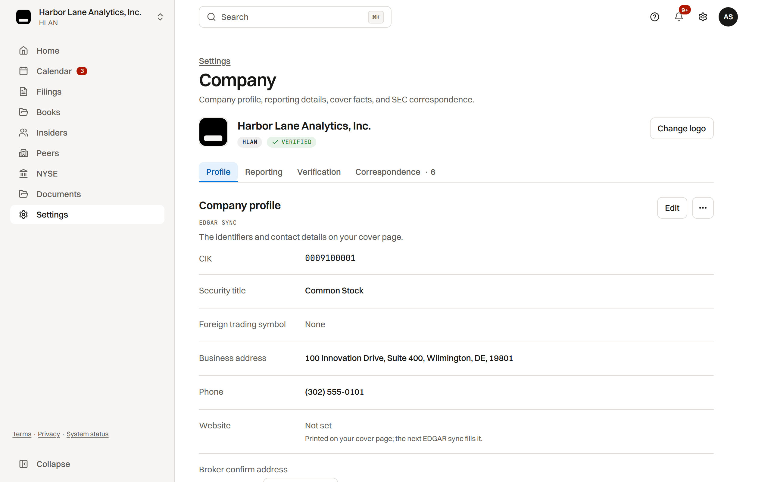 Settings, Company for Harbor Lane Analytics, Inc. on its Profile tab: the company profile synced from EDGAR with its source line, the CIK, security title, business address and phone, beside the Reporting, Verification and Correspondence tabs