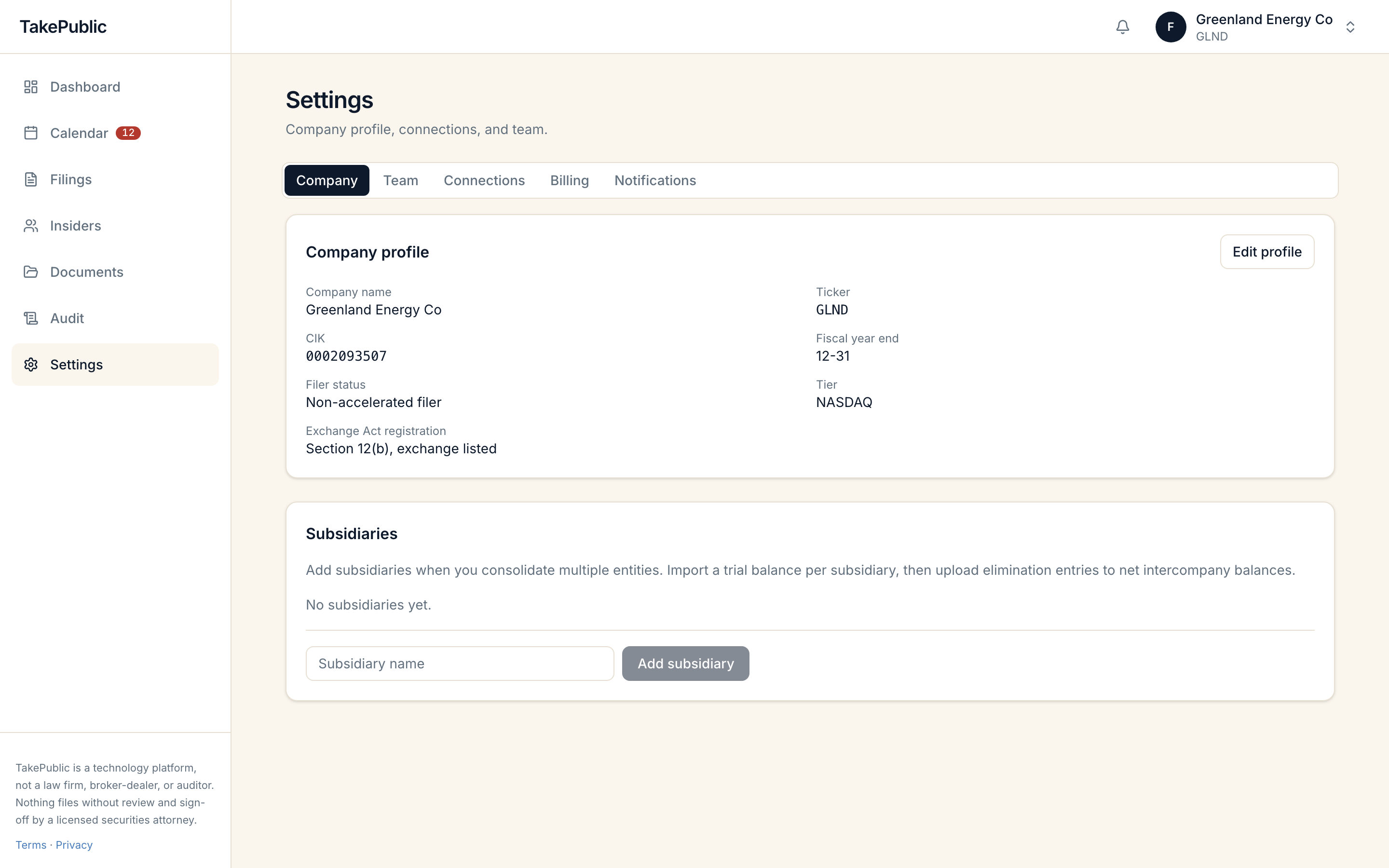 Company settings showing the profile card with name, ticker, CIK, fiscal year end, filer status, and a subsidiaries section