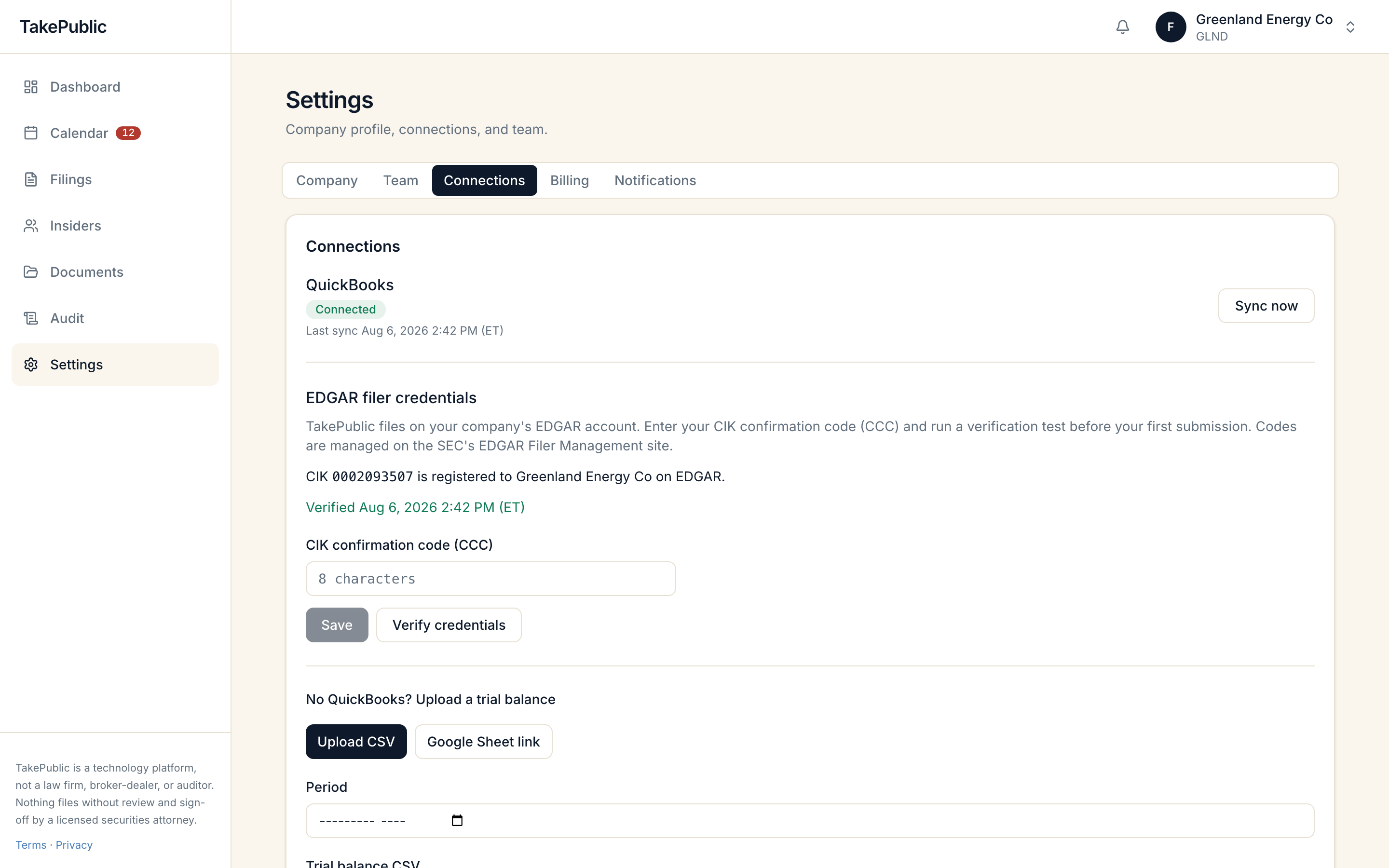 The connections tab showing QuickBooks connected with last sync time, EDGAR filer credentials, and a trial balance CSV upload option