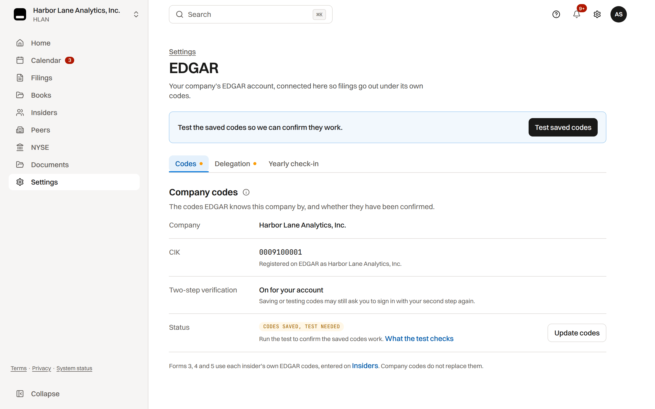 The EDGAR page in Settings on its Codes tab: Test saved codes in the next-step card, the company, its CIK as EDGAR registers it, two-step verification on, and the status Codes saved, test needed with Update codes, beside the Delegation and Yearly check-in tabs