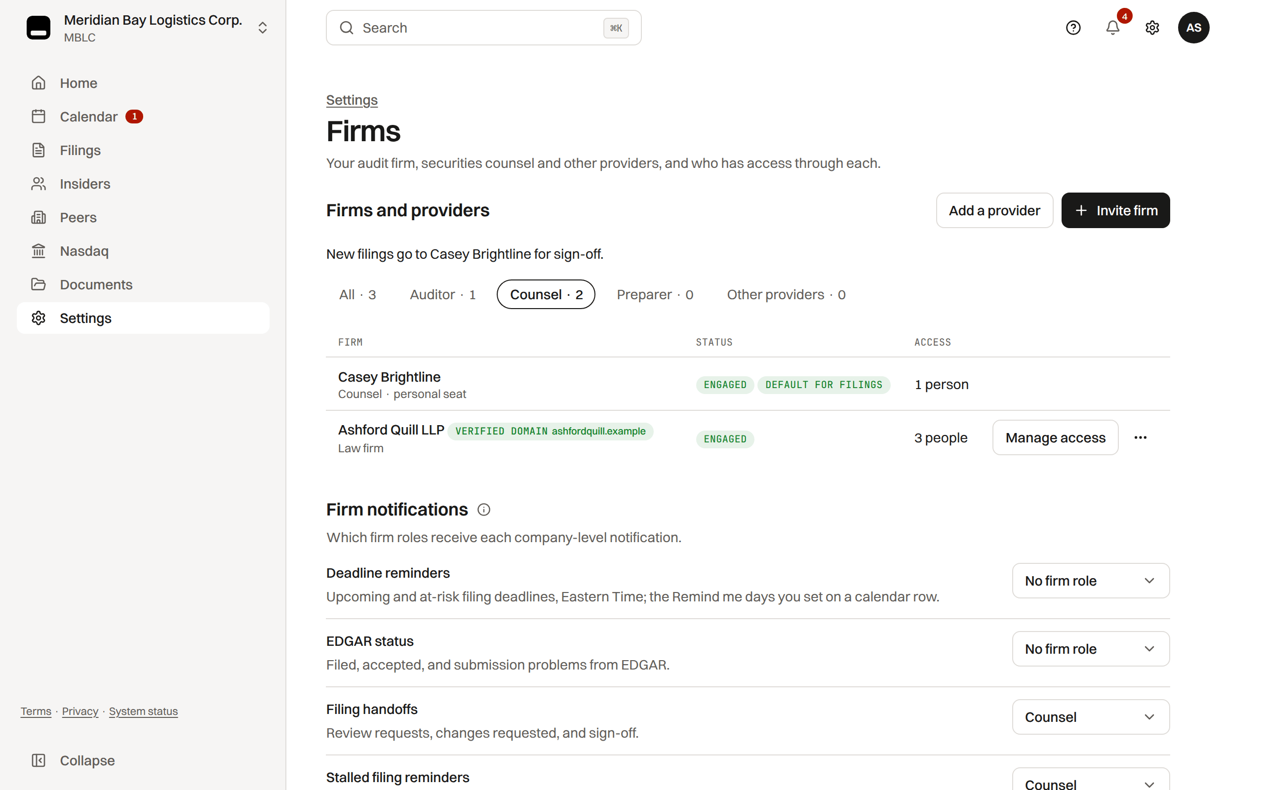 The Firms page in Settings on its Counsel pill: Casey Brightline's personal counsel seat, Engaged and Default for filings, and an engaged law firm, with Invite firm