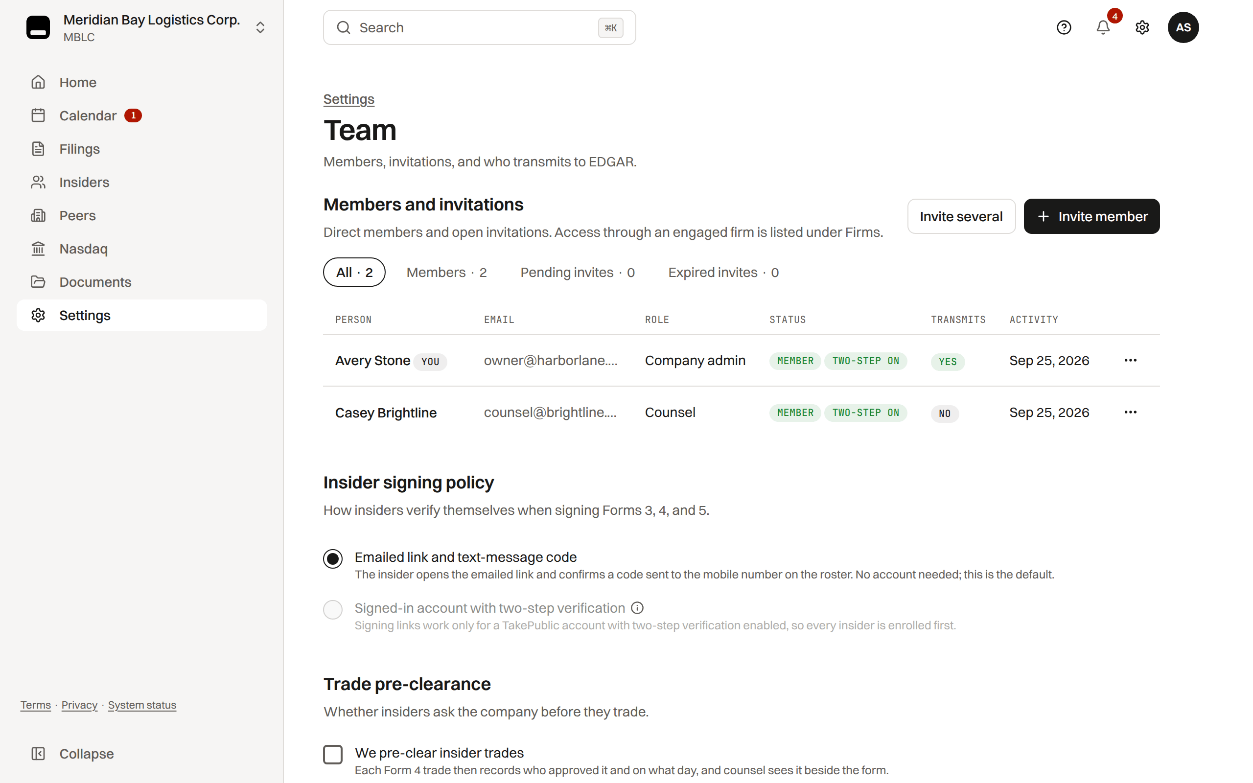 The team page listing members with their role, status and two-step verification, whether each transmits to EDGAR, and last activity, with Invite member and Invite several