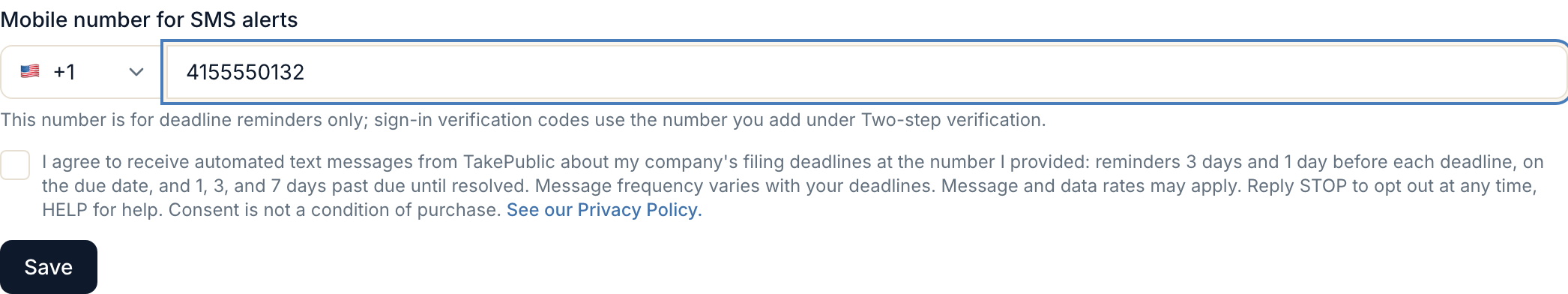 The SMS alerts section of TakePublic notification settings, showing the mobile number field and the unchecked SMS consent checkbox with the full consent disclosure text